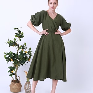 Wrap Dress Dark Green Dress, Linen Dresses, Hand made Clothing, Linen Kimono Dress, Mother Of The Bride Dress, Summer Dress,Plus Size Dress