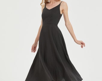 Black Linen Dress,summer dress,slim strap dress,Wedding Guest,simple linen dress,maxi dress, sleeveless sundress,Cocktail dress,Ankle dress