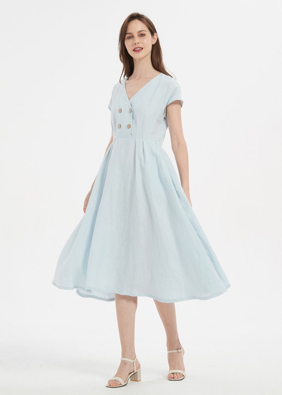 Sky Blue Linen Dress: Long Summer Dress with Pockets Sky Blue Linen Dress: Long Summer Dress with Pockets