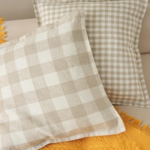 Linen Throw Pillow Cover,Stripe Pillowcase,Stonewashed Sham in Checkered Flax,Custom Breathable Pillow Cover,Modern Farmhouse
