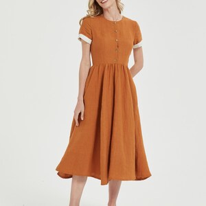 Linen Midi Dress: Vintage Style Swing Dress with Pockets