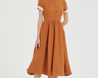 Linen Midi Dress: Vintage Style Swing Dress with Pockets