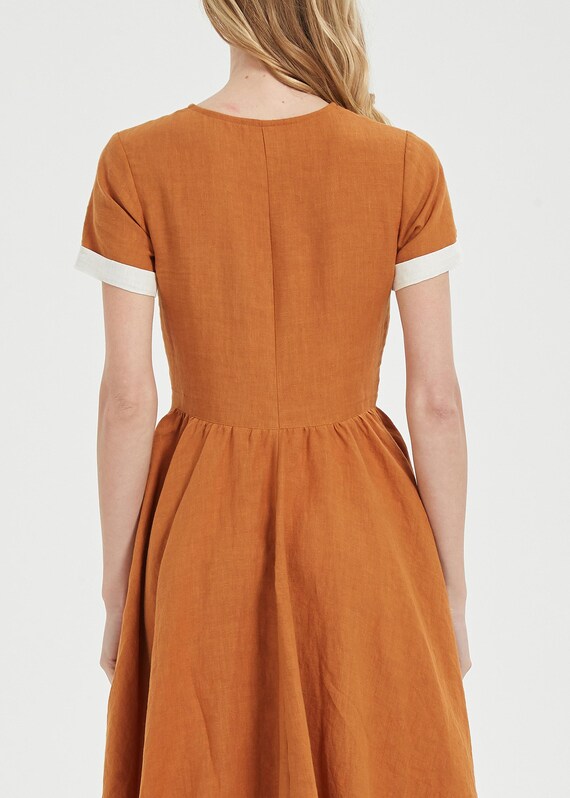 linen swing dress with pockets Short Sleeve Swing Linen Midi Dress, Green Fit and Flare Linen Dress, Summer Womens Linen Dress with Pockets, Custom Dress, Xiaolizi 3663#