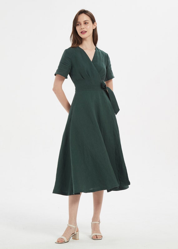 Dark Green Linen Wrap Dress: Long Summer Dress with Pockets