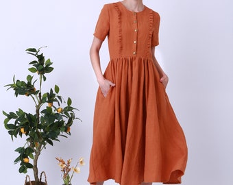 chinese dress ladies Earthy Ochre Linen Dress  Giggles&Twirls