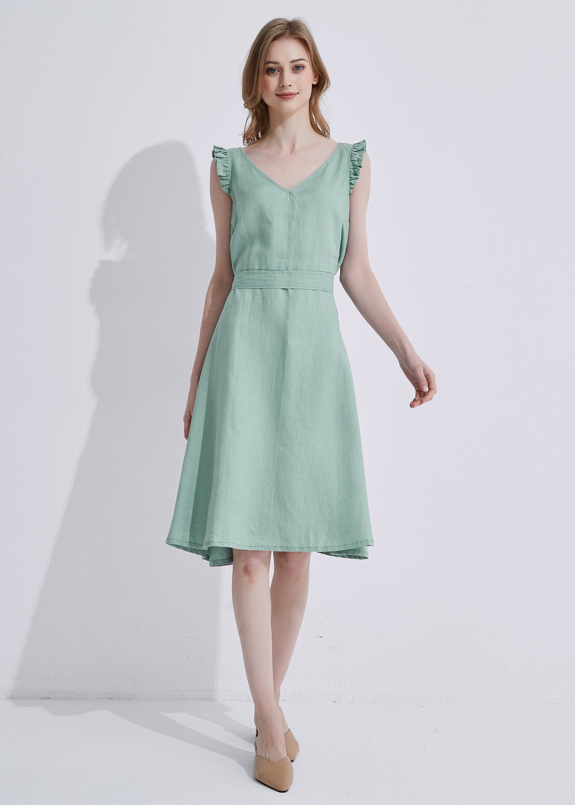 Vestido Midi De Lino Sin Mangas, Vestido Ajustado Y Acampanado Vestido Playa Mujer