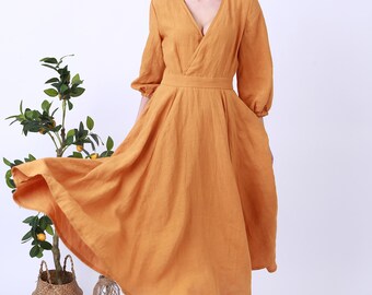 V-neck Linen Midi Dress: 3/4 Sleeve, Pockets, Retro Style - Etsy Israel
