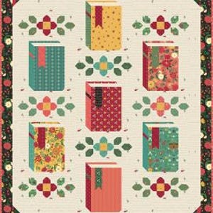 May include: A colorful quilt featuring a pattern of stylized books with decorative floral and leaf accents. The books are in various colors and patterns, including floral, polka dots, and geometric designs. The quilt has a cream background and a patterned border.