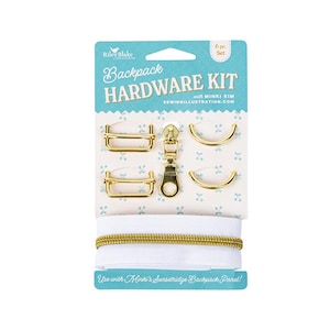 May include: A 6-piece gold-toned backpack hardware kit by Riley Blake Designs, including two rectangular sliders, two D-rings, one zipper pull, and a white zipper with gold teeth, all mounted on a branded card with blue and white floral patterns.