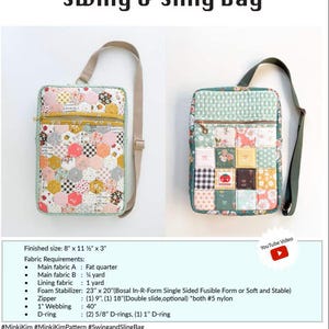 Puede incluir: Un patrón de costura para una bolsa de swing y bandolera. El patrón incluye instrucciones para hacer una bolsa con cierre de cremallera, solapa y correa. La bolsa mide 20 cm de ancho, 29 cm de alto y 7,5 cm de profundidad. El patrón también incluye una lista de los materiales necesarios para hacer la bolsa.