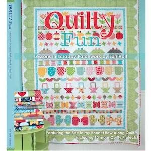 May include: A colorful quilt with the text "Quilty Fun" and various patchwork designs, including apples, mugs, baskets, and mittens. The book cover on the left shows a stack of fabric. The quilt is bordered with a green and white gingham pattern.