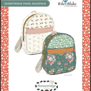 May include: Two fabric backpacks with floral and fruit patterns. One backpack is white with cherries and red stripes, the other is green with flowers and orange stripes. The backpacks are approximately 9" x 11" x 4". The text "SUNSETRIDGE PANEL BACKPACK" is at the top.