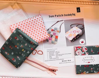 KIT SUNPATCH CROSSBODY Bag. Pattern, Fabric, Zipper and more. Finished Size 9 X 6 X 2.5. Pattern by Minki Kim.