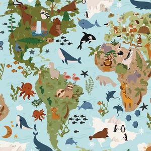 May include: A whimsical illustrated world map featuring various animals and sea creatures. The map is colored in shades of green and blue, with cartoon-style illustrations of animals like bears, whales, and giraffes. The overall design is playful and educational.