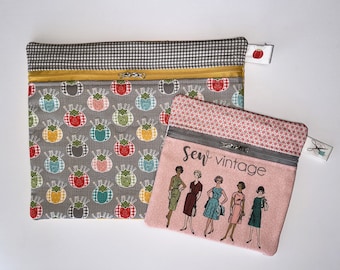 Set of Two Finished Sew Vintage Zippy Bags. From panels By Lori Holt of Bee in My Bonnet for Riley Blake Designs