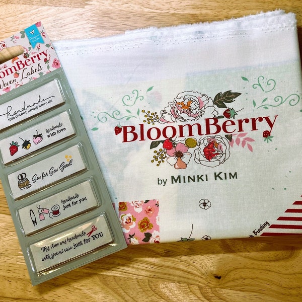 BloomBerry Zipper Pouch Panel and 15 Bloomberry Woven labels By Minki Kim for Riley Blake Designs