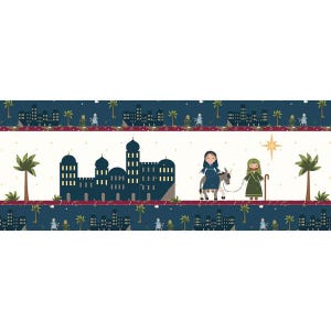 May include: A blue and white illustration of a nativity scene with a star above a city. A woman in a blue dress rides a donkey, followed by a man in a brown robe carrying a staff. The scene is framed by a border of blue and white stars.
