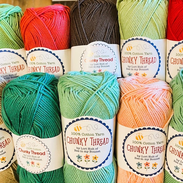 Lori Holt's CHUNKY THREAD Colors. Breezy, Cayenne, Frosting, Green, Linen, Red, Spring Green, Steel, Sweet Mint, Vivid