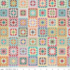 May include: A colorful fabric featuring a repeating pattern of crocheted squares. Each square showcases a floral design in a variety of colors, including red, blue, green, and yellow. The squares are outlined in a darker color, creating a grid-like appearance.