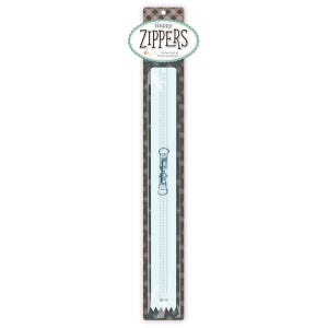 May include: A package of "Happy Zippers" features a long, light blue zipper with a silver-colored pull. The packaging has a brown and white checkered pattern at the top, with the brand name in a decorative oval.