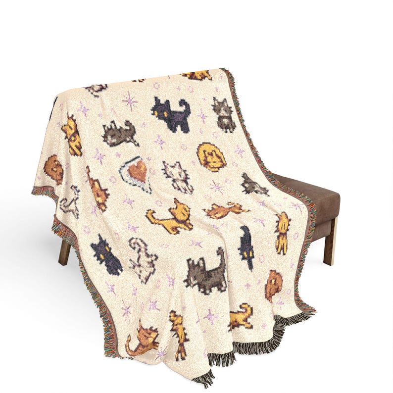 Stardew Valley Cats Woven Blanket, Handwoven Cotton Tapestry Throw image 3