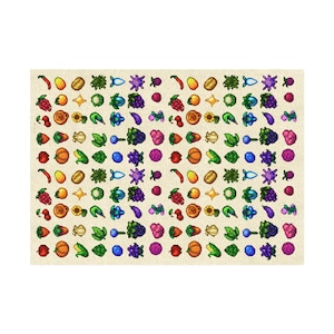 May include: A beige rectangular rug featuring a repeating pattern of colorful, stylized fruits and vegetables. The design includes strawberries, grapes, corn, and other produce in a pixelated style.