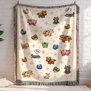 Stardew Valley Animal Pixel Art Woven Blanket | 100% Cotton Fringed Throw