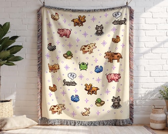 Stardew Valley Animal Pixel Art Woven Blanket | 100% Cotton Fringed Throw