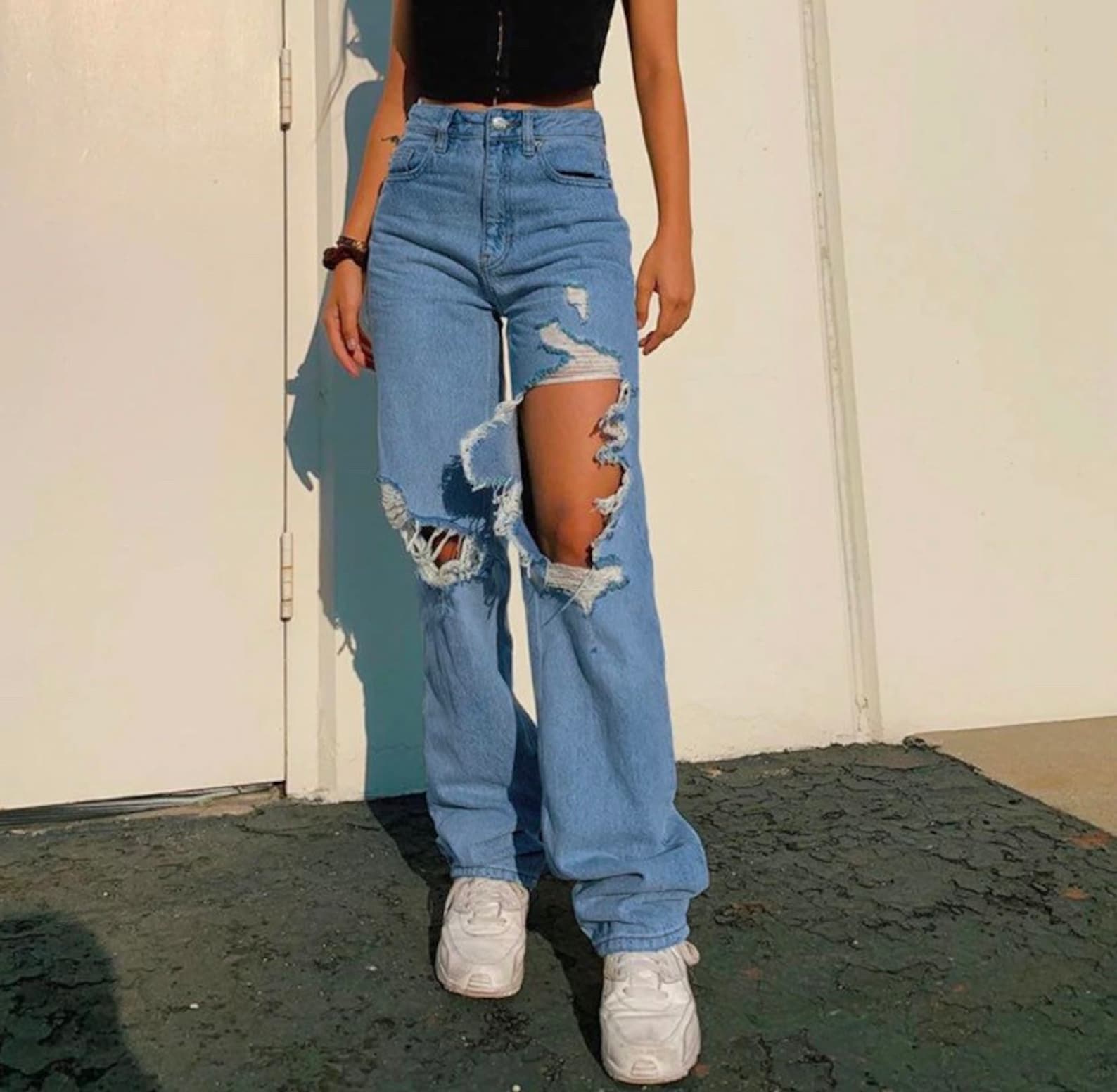 Ripped Straight Leg Baggy Jeans Y2K Denim Jeans Wide Legs | Etsy