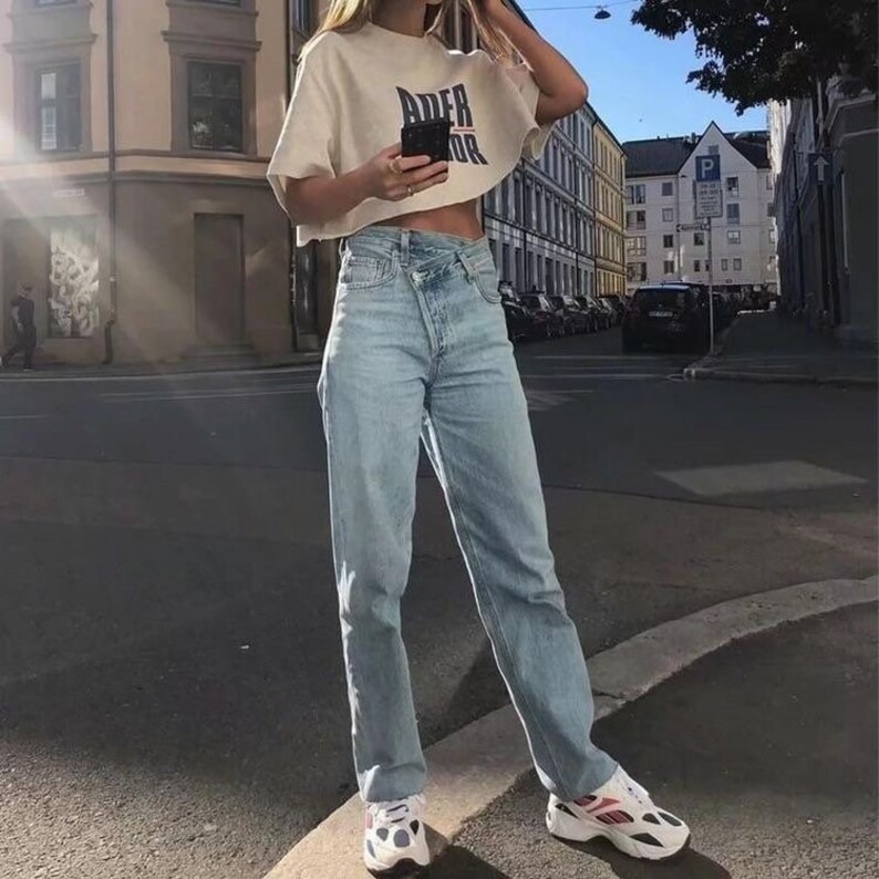 Y2K Baggy Jeans Asymmetric Waistline Straight Cut Leg Jeans for Women Aesthetic High waisted Tapered Denim Jeans 90s Retro Princess Polly