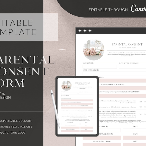 EDITABLE Parental Liability Release and Consent Waiver Form for Lash Artists & Beauty Businesses, Pretty Pink Design