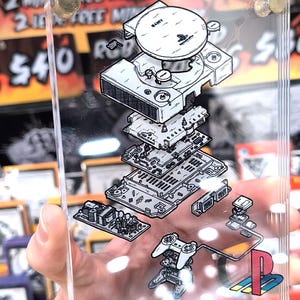 Puede incluir: Panel acrílico transparente con una ilustración de vista explosionada de una consola PlayStation. El diseño incluye componentes internos detallados, un mando y el logotipo de PlayStation en rojo, azul y amarillo. Herrajes dorados aseguran el panel.