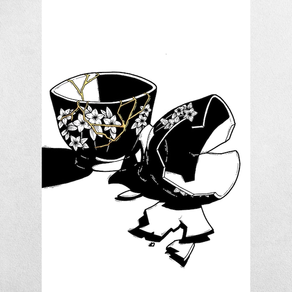 Broken Traditional Japanese Tea Cup Kintsugi - Art Print Poster