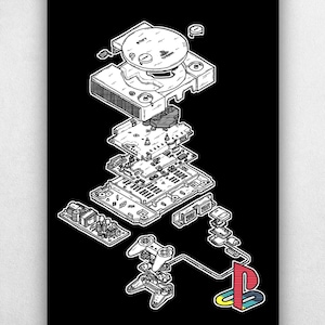 Poster di stampa artistica isometrica della console di gioco retrò PlayStation PS1 esplosa