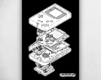 Exploded Game Boy - Nintendo Retro Gaming Console Isometric Art Print Poster