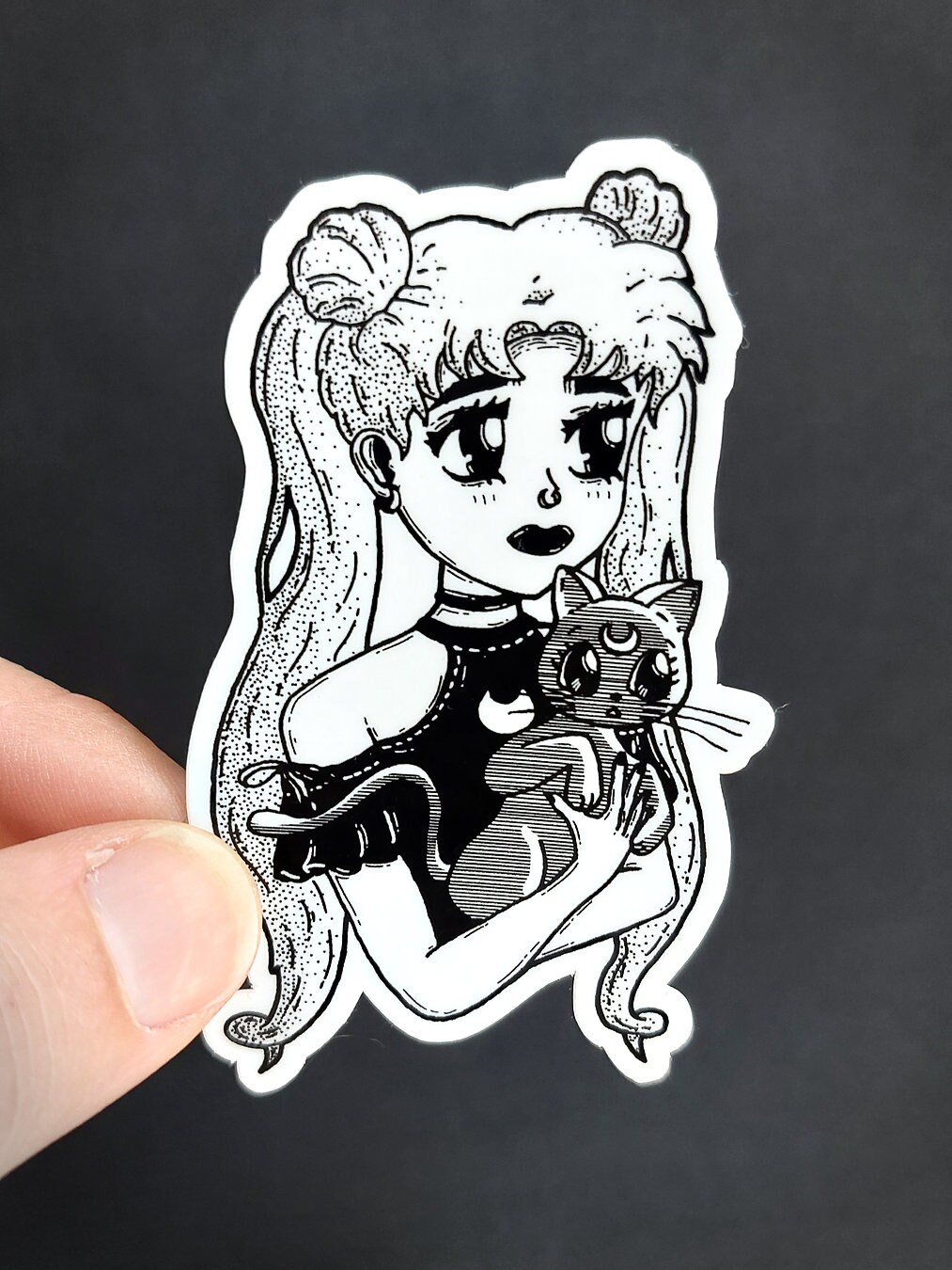 Vinyl Sticker - Goth Moon Witch and Cat - Anime Inspired Sticker - 3 inch Weather Resistant Sticker
