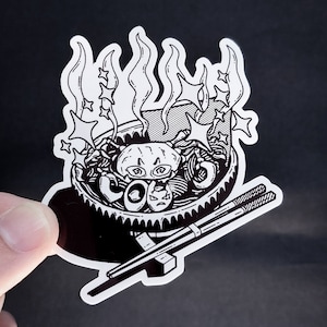 Vinyl Sticker - Krabby Oddish Tangela Exeggcute Ramen - Horror Food Pocket Beast Sticker - 3 inch Weather Resistant Sticker