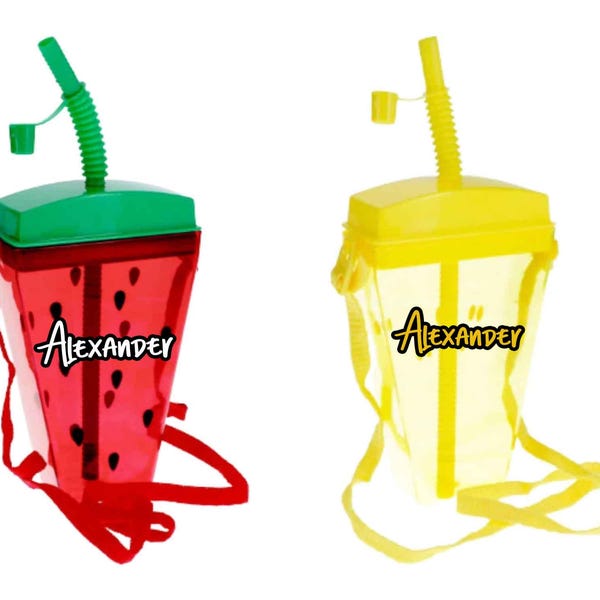 Watermelon /  Lemon Fruit Slice Shaped Plastic Water Bottle Canteen with Adjustable Strap and Straw