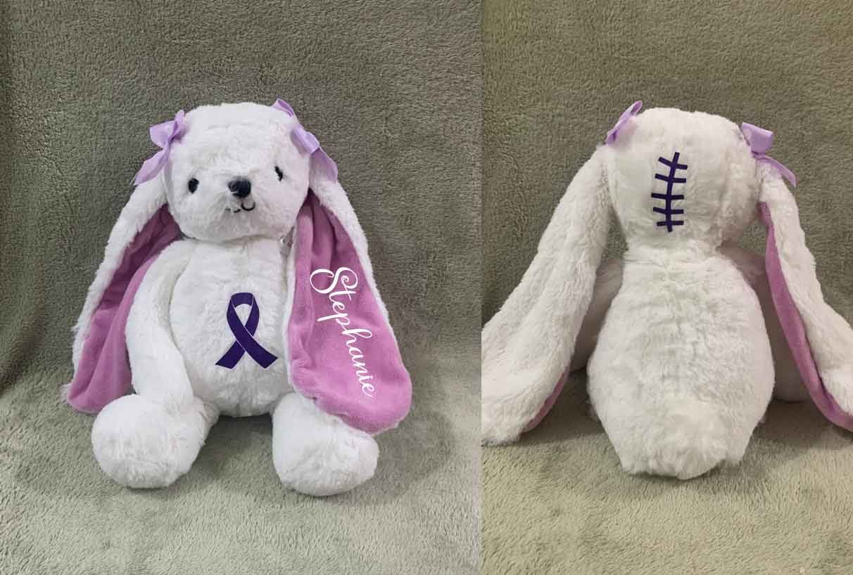 Chiari malformation "zipperhead" awareness 12.5" plush Bunny, Scar buddy. chiari stuffed bunny.