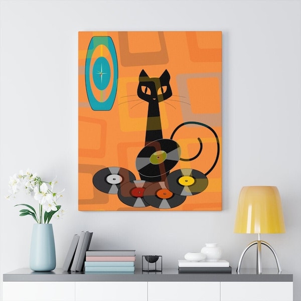 Atomic Cat Art, Retro Groovy Vinyl Records, Mid Century  Modern Geometric, Orange Canvas Wall Art