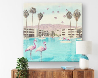 Mid Century Modern Art, Pink Flamingos, Palm Springs California Desert, Retro Wall Art