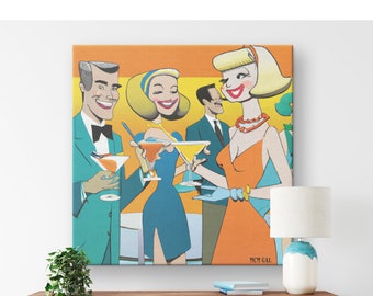 50's Atomic Kitschy Cocktail Party, Mid Mod Retro Party, Original Art, Party Scene Classy Canvas Wall Art