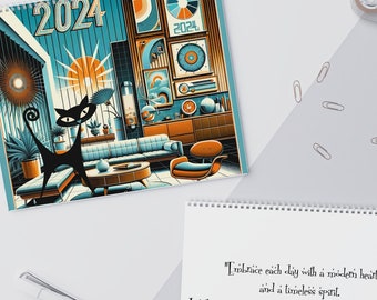 2024 Wall Calendar, Retro Chic,  Mid-Century Modern 50's Designs, Atomic Cat Kitschy Art Style