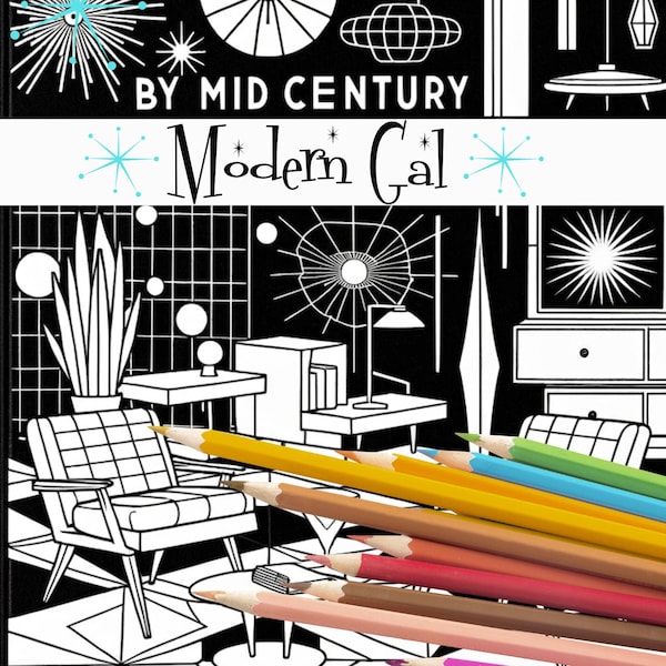 Libro para colorear moderno de mediados de siglo Descarga digital, Libro para colorear retro divertido kitsch