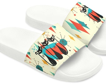 Atomic Cat Sandal Slides, Franciscan Starburst Pattern, House Shoes, Comfy Slides, Kitschy Fun Funky Groovy Slides For Women