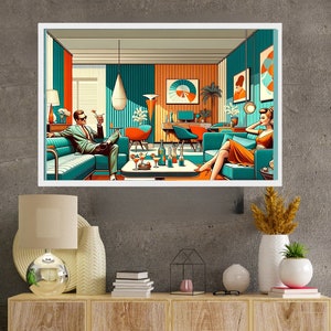 Mid Century Modern Wall Art For Frame TV, Screensaver, Orange, Aqua Kitschy 50s Couple Cocktail Hour Scene
