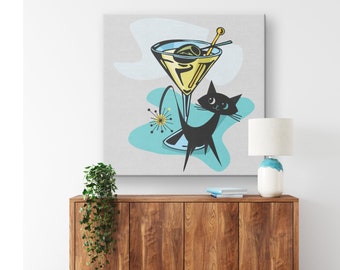 Black Cat Art, Atomic Cat, Martini Time, Cocktail, Retro Mid Mod, Black Cat Lover Mid Century Wall Art