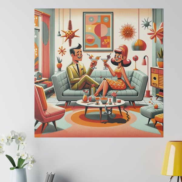 Mid Century Modern Wall Art, Kitschy 50s, Cocktails And Cats, Orange, Aqua MCM Matte Canvas