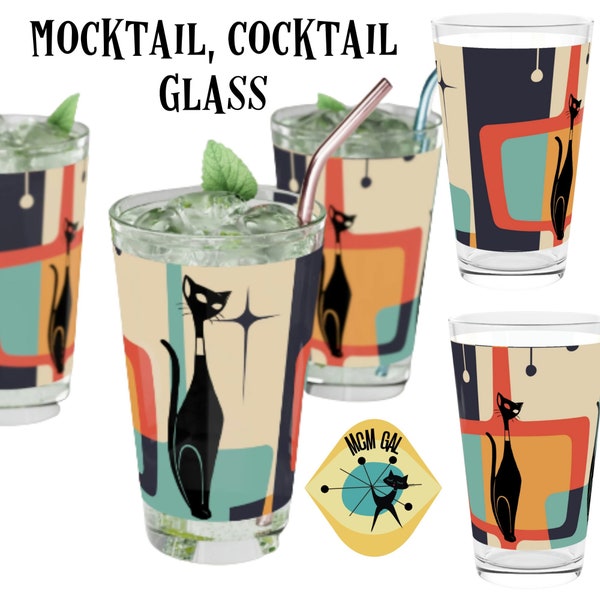 Atomic Cat, Mid Century Modern, Cocktail, Mocktail, Beer, Water, Retro Geometric Groovy Pint Glass, 16oz