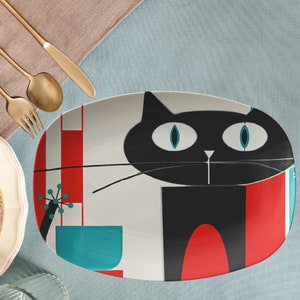 Atomic Cat Mid Century Kitchen, Party Platter, Kitschy Mod Design, Aqua Blue, Red, Black Mid Century Dinnerware